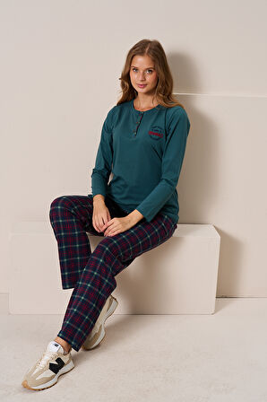 Kadın Penye Uzun Kol Pijama Takımı 3196 Zümrüt01 | L