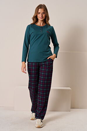 Kadın Penye Uzun Kol Pijama Takımı 3196 Zümrüt01 | L