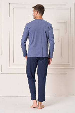 Erkek Pamuk Uzun Kol Pijama Takımı 4103 İndigo | S