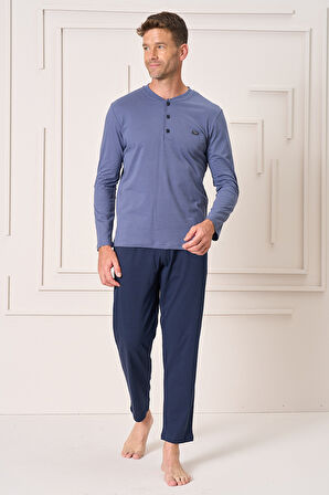 Erkek Pamuk Uzun Kol Pijama Takımı 4103 İndigo | S