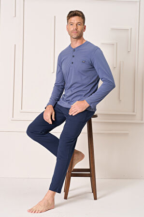 Erkek Pamuk Uzun Kol Pijama Takımı 4103 İndigo | S
