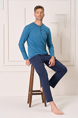 Erkek Pamuk Uzun Kol Pijama Takımı 4106 Petrol | M