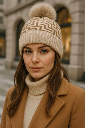 Kadın Ponpon Detay İçi Polar Desenli Bere RKŞ-1144 Bej | Standart