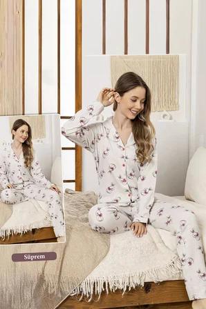 Kadın Tavşan Desen Suprem Düğmeli Pijama Takımı 0371 Vizon03 | L
