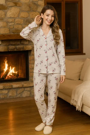 Kadın Tavşan Desen Suprem Düğmeli Pijama Takımı 0371 Vizon03 | L