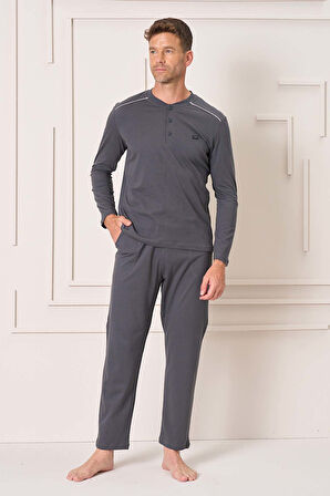 Erkek Pamuk Uzun Kol Pijama Takımı 4108 Füme | XL