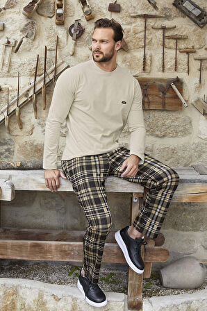 Erkek Aydoğan Jakar Uzun Kol Pijama Takımı 3378 Açık Vizon | M