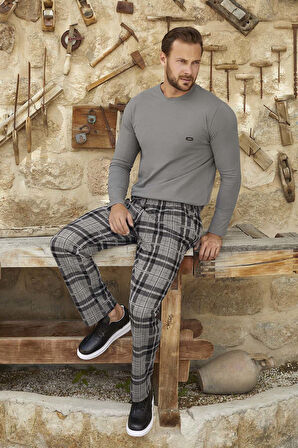 Erkek Aydoğan Jakar Uzun Kol Pijama Takımı 3382 Gri | L