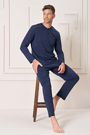 Erkek Pamuk Uzun Kol Pijama Takımı 4101 Lacivert01 | L