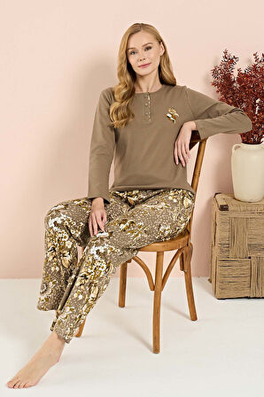 Kadın Penye Uzun Kol Pijama Takımı 3210 Haki | M