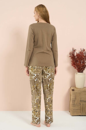 Kadın Penye Uzun Kol Pijama Takımı 3210 Haki | L