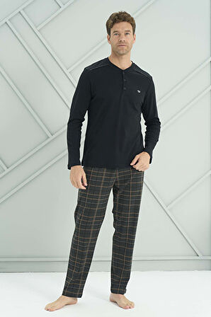 Erkek Penye Uzun Kol Pijama Takımı 2232 Siyah04 | M