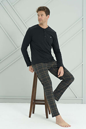 Erkek Penye Uzun Kol Pijama Takımı 2232 Siyah04 | M
