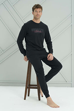 Erkek Penye Uzun Kol Pijama Takımı 2223 Siyah05 | M