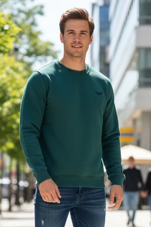 Erkek İçi Şardonlu Bisiklet Yaka Pamuklu Sweatshirt 0319 Zümrüt Yeşil | M