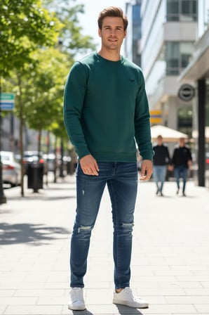 Erkek İçi Şardonlu Bisiklet Yaka Pamuklu Sweatshirt 0319 Zümrüt Yeşil | M
