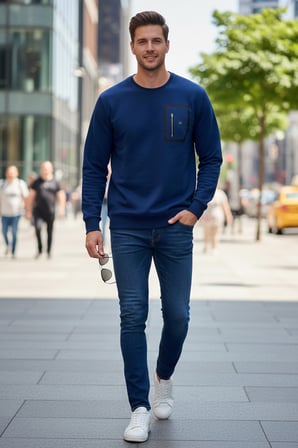 Erkek Fermuar Detay Bisiklet Yaka Pamuklu Sweatshirt 24722 İndigo | 3XL