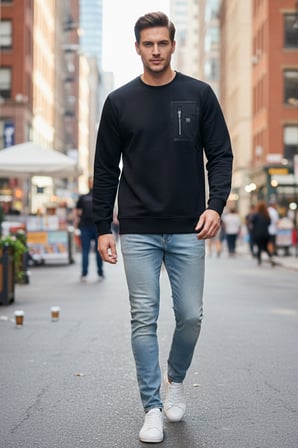 Erkek Fermuar Detay Bisiklet Yaka Pamuklu Sweatshirt 24722 Siyah | L