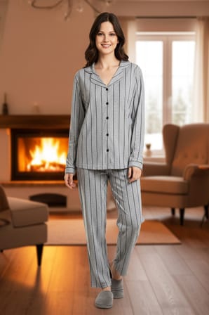 Kadın Çizgili Önü Düğmeli Suprem Pijama Takımı 0542 Füme01 | L