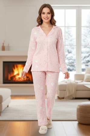 Kadın Ayıcık Desen Önü Düğmeli Suprem Pijama Takımı 0540 Pembe10 | XXL
