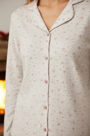 Kadın Yıldız Desen Önü Düğmeli Suprem Pijama Takımı 0517 Vizon08 | M