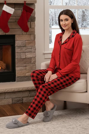 Kadın Kare Desenli Önü Düğmeli Yumuşak Milan Kumaş Pijama Takımı 250350 Kırmızı01 | M
