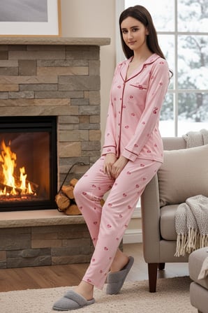 Kadın Kalp Desenli Önü Düğmeli Yumuşak Milan Kumaş Pijama Takımı 250356 Pembe | L