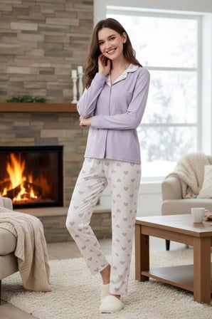 Kadın Kalp Desenli Önü Düğmeli Yumuşak Milan Kumaş Pijama Takımı 250385 Lila | L