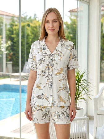 Kadın Desenli Kısa Kol Suprem Şortlu Pijama Takımı 0577 Ekru03 | XL