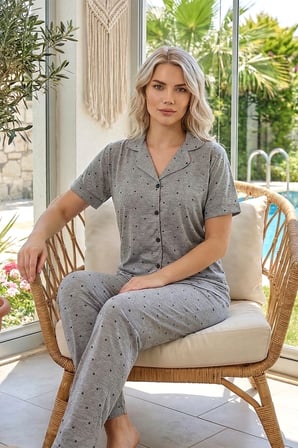 Kadın Desenli Kısa Kol Suprem Pijama Takımı 0616 Gri01 | M