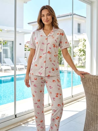 Kadın Desenli Kısa Kol Suprem Pijama Takımı 0586 Bej04 | XXL