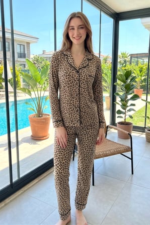 Kadın Leopar Desen Önü Düğmeli Yumuşak Milan Kumaş Pijama Takımı 250347-10 Kahverengi | L