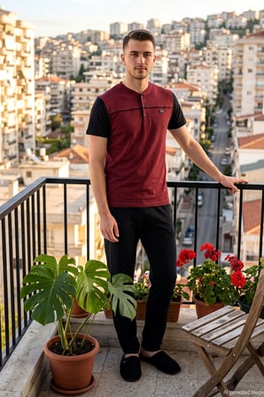Erkek Önü Üç Düğmeli Kısa Kol Pijama Takımı 2353 Bordo01 | L