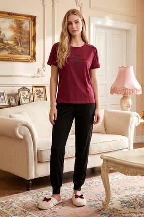 Kadın Kısa Kol Penye Paçası Lastik Detay Pijama Takımı 3397 Bordo | L