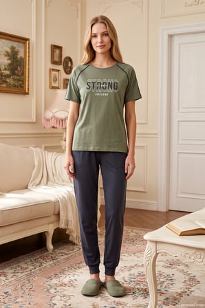 Kadın Kısa Kol Yazı Desen Penye Pijama Takımı 3395 Yeşil01 | L