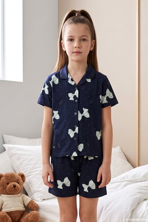 Önü Düğmeli Şortlu Kız Çocuk Süprem Pamuklu Pijama Takımı 260278 Lacivert | 10 Yaş