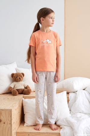Desenli Genç Kız Çocuk Süprem Pamuklu Pijama Takımı 260266 Turuncu | 13 Yaş