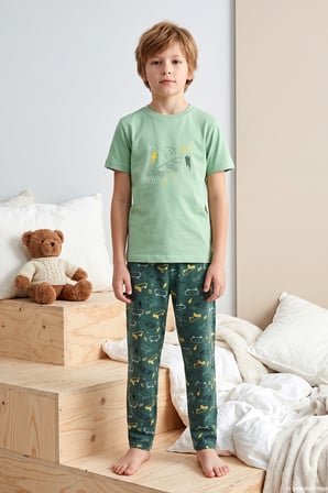 Desenli Erkek Çocuk Önü Düğmeli Süprem Pamuklu Pijama Takımı 260377 Yeşil | 12 Yaş
