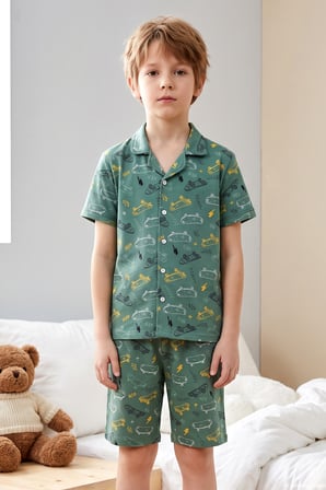 Desenli Erkek Çocuk Süprem Pamuklu Pijama Takımı  260357 Yeşil | 8 Yaş