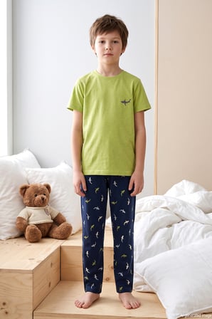 Desenli Erkek Çocuk Süprem Pamuklu Pijama Takımı 260382 Fıstık Yeşil | 8 Yaş