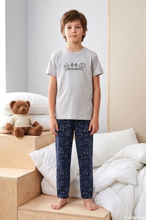Desenli Erkek Çocuk Süprem Pamuklu Pijama Takımı 260378 Gri | 8 Yaş
