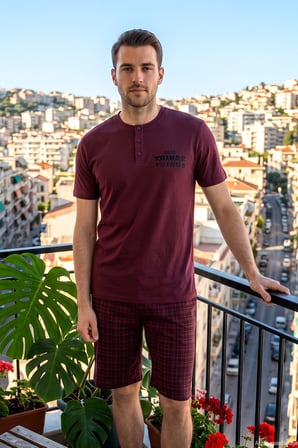 Erkek Kısa Kollu Şortlu Pamuklu Pijama Takımı 260006 Bordo | XL