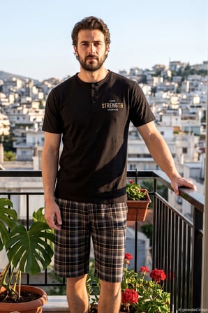 Erkek Kısa Kollu Şortlu Pamuklu Süprem Pijama Takımı 240358 Siyah | XL