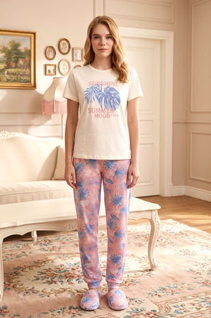 Kadın Kısa Kol Flexible Kumaş Pijama Takımı 240033 Pudra | XL