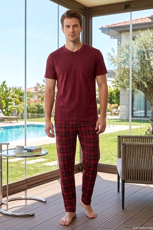 Erkek Kısa Kol Penye Pijama Takımı 3140 Bordo | M