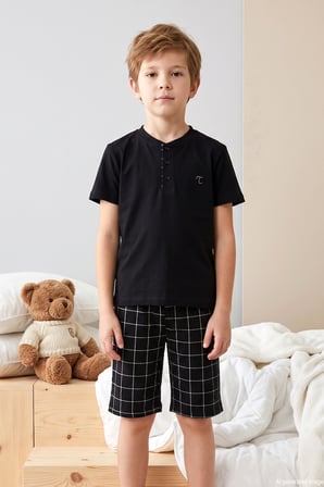 Genç Erkek Çocuk Kısa Kol Şortlu Pijama Takımı 4367 Siyah01 | 15-16 YAŞ