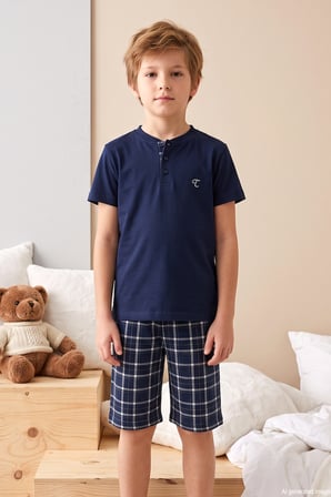 Genç Erkek Çocuk Kısa Kol Şortlu Pijama Takımı 4369 Lacivert01 | 11-12YAŞ