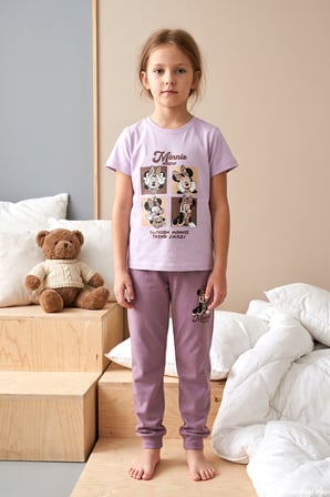 Kız Çocuk Kısa Kol Baskılı Penye Pijama Takımı 3007 Lila | 5-6 Yaş