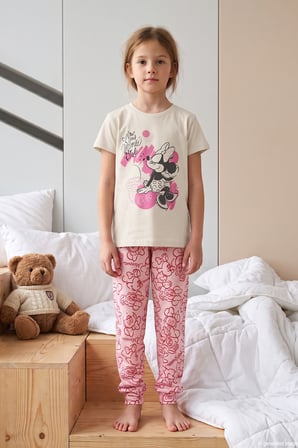 Kız Çocuk Kısa Kol Baskılı Penye Pijama Takımı 3039 Ekru | 3-4 Yaş