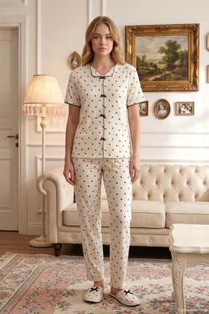Kadın Kurdele Desen Kısa Kol Berlin Pijama Takımı 004 Beyaz03 | M